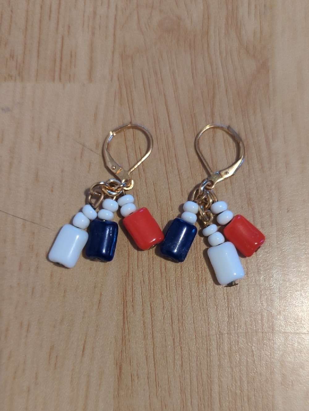 Vintage Red Navy Blue White Beaded Dangle Earrings